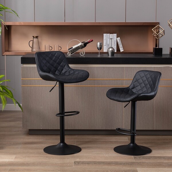 Modern Bar Stools Set of 2 Adjustable Mechanical Lifting PU and Black Leg Bar Stool， Chrome Footrest and Base Swivel Height