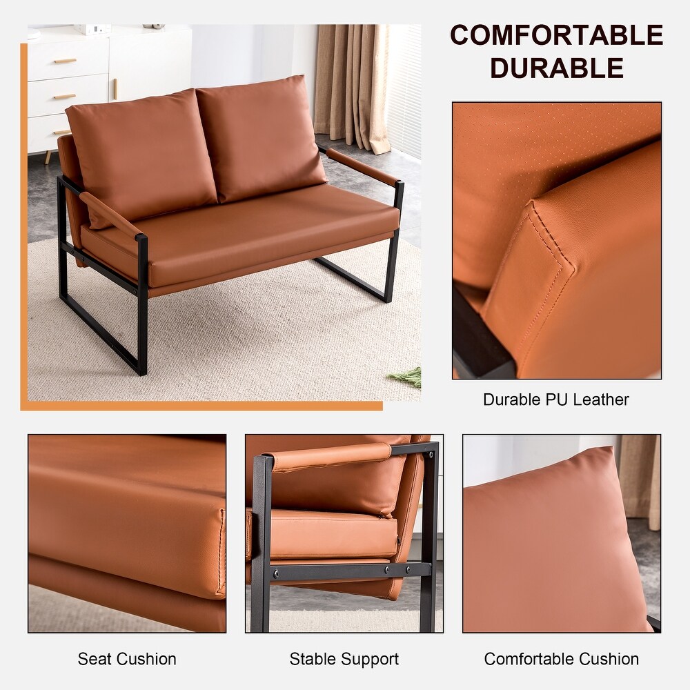 Industrial Sofa Sets(Set of 2)  Brown PU Leather Loveseat Couch  Single Armchair Sofa  Square Lounge Settee for Living Room