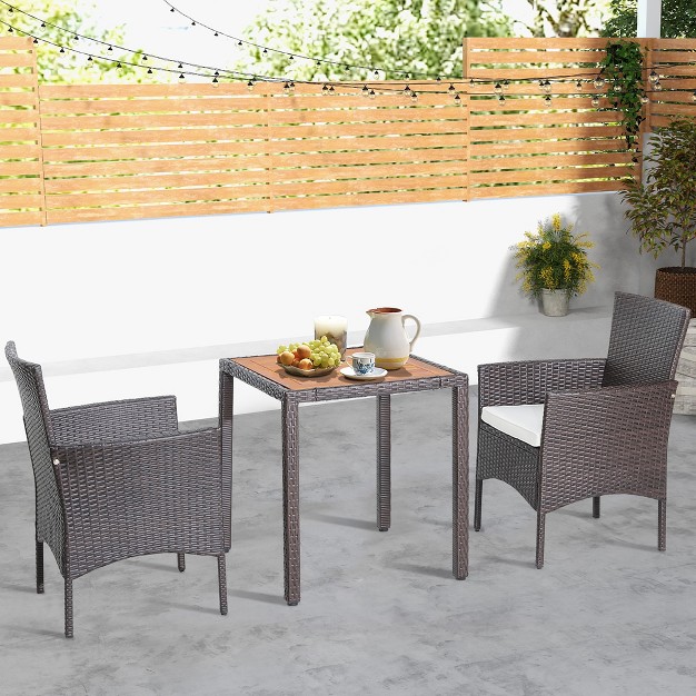 Costway 3pcs Patio Wicker Dining Set Acacia Wood Table Top With Cushioned Chairs Garden