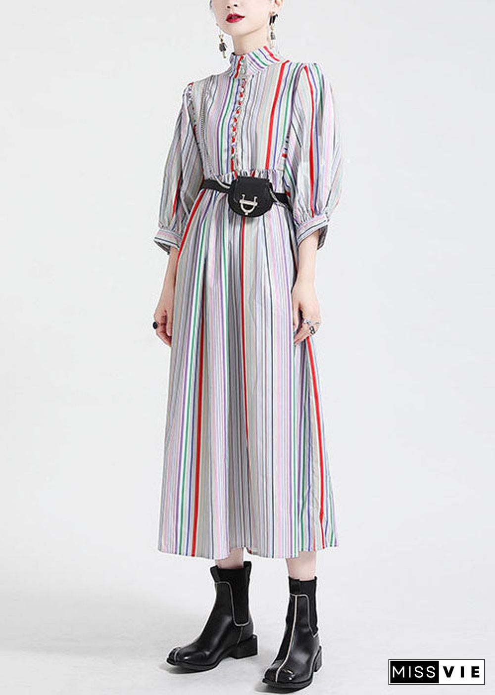 Fashion Stand Collar Multi Striped Puff Sleeve Cotton Party Dress