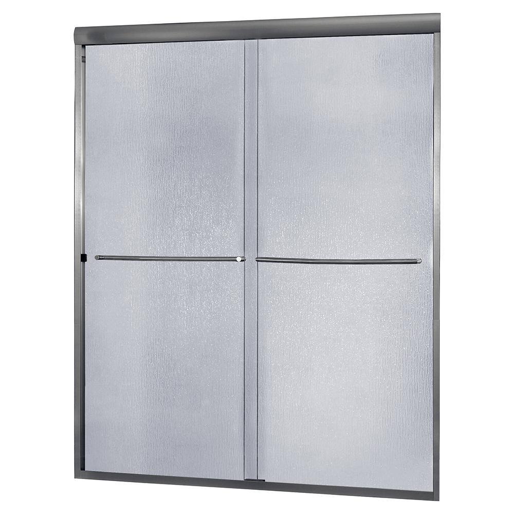 CRAFT + MAIN Cove 58 in. W x 55 in. H Sliding Frameless Tub Door in Brushed Nickel with Rain Glass CVST5855-RN-BN