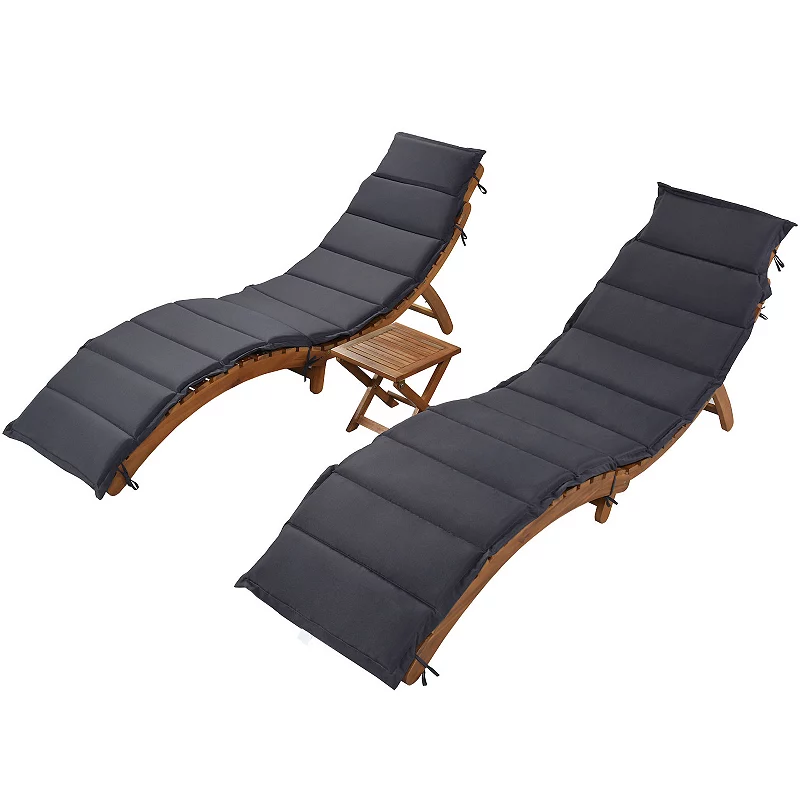 Merax Outdoor Patio Wood Portable Extended Chaise Lounge Set with Foldable Tea Table