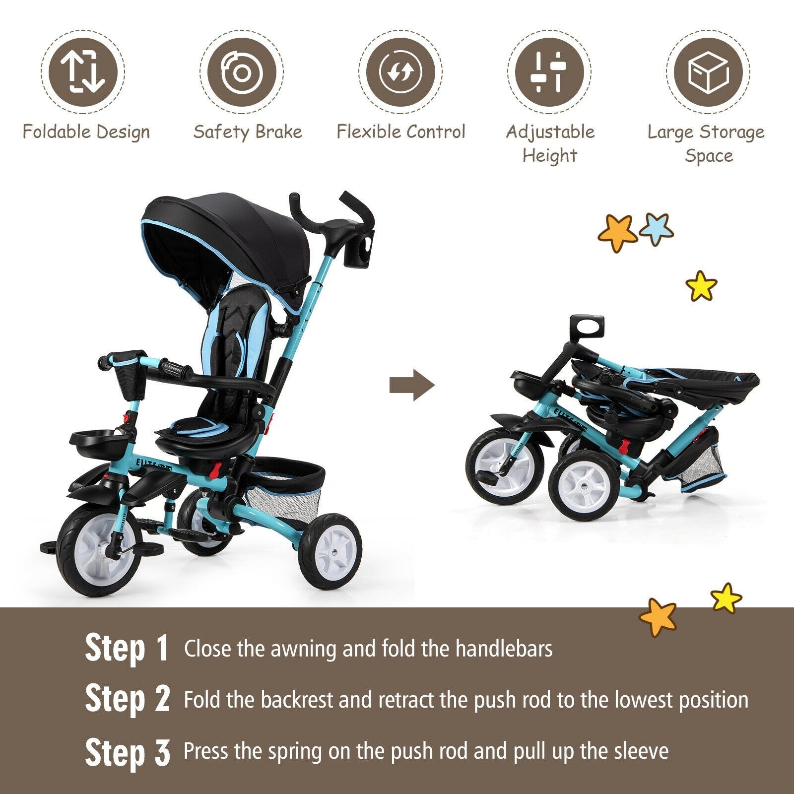 BABY JOY Baby Tricycle, 7-in-1 Kids Folding Steer Stroller w/ Rotatable Seat