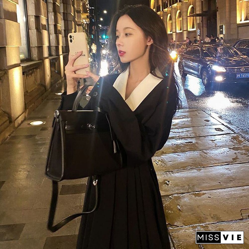 Spring Autumn Elegant Black Dress Women Loose Casual Midi Dress Korean Fashion Lady Trench Dress Street Wear Clothes New