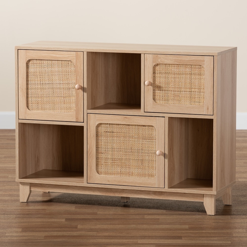 Elsbeth Mid Century Modern Light Brown Finished Wood and Natural Rattan 3 Door Sideboard