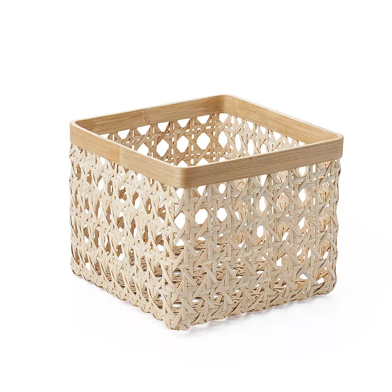 Saddle River Square Natural Open Weave Cane and Bamboo Rim Bin 2-piece Set