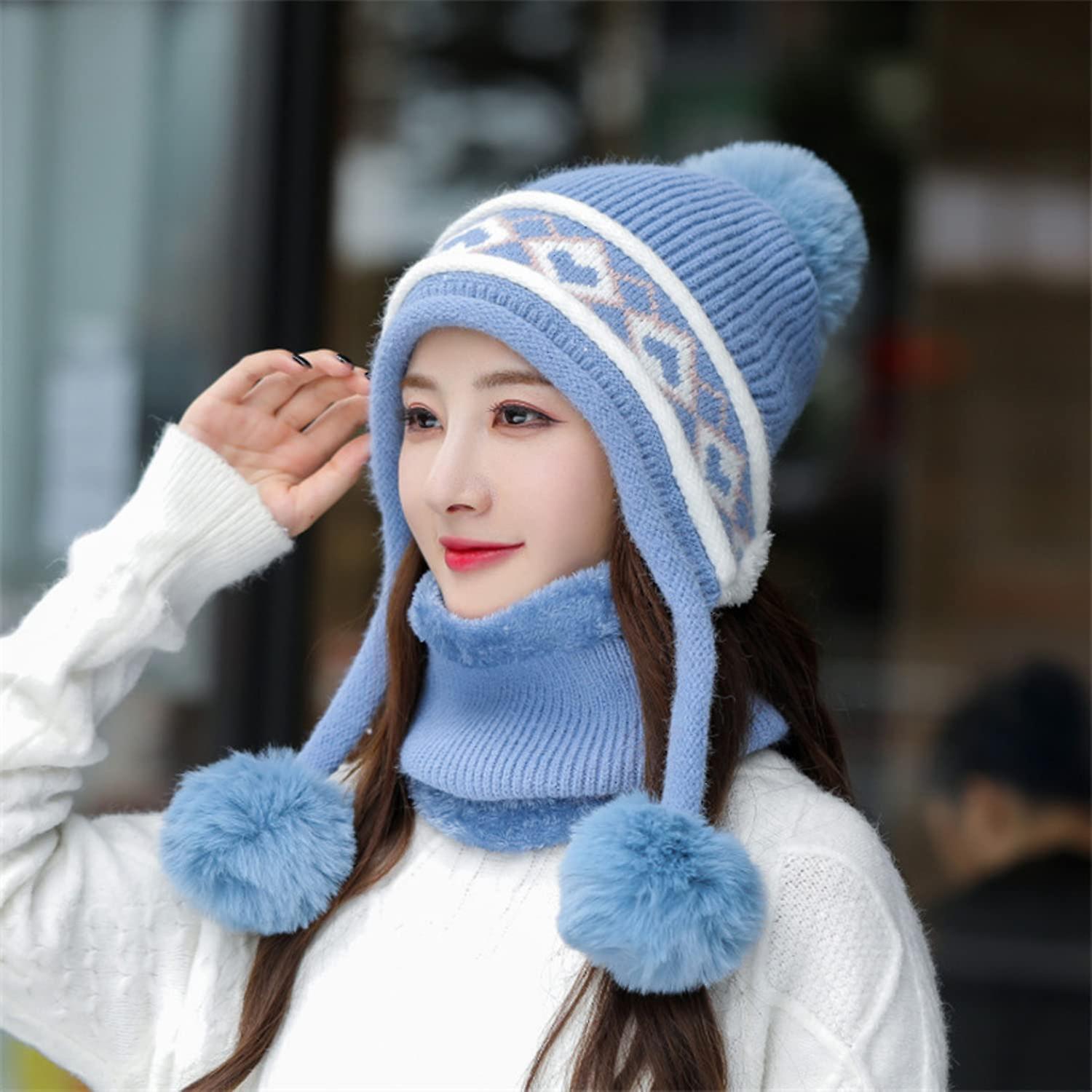 Women Winter Beanie Hat Peruvian Circle Scarf Set Ski Ear Flaps Caps Dual Layered Fleece Lined Pompoms E1450215-blue -