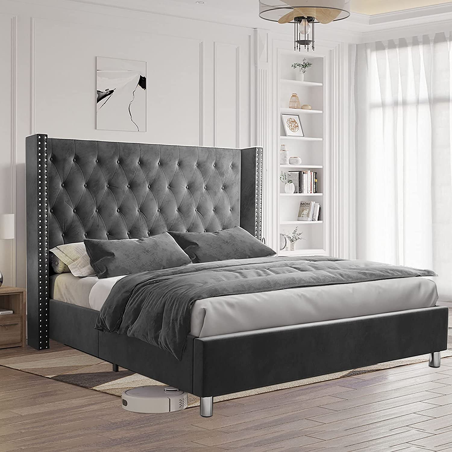 Jocisland King Bed Frame Low Profile Platform Bed Upholstered Bed Frame Velvet Tufted Bed Raised Wingback Headboard/Wood Slats Support/No Box Spring Needed/Easy Assembly/Dark Gray