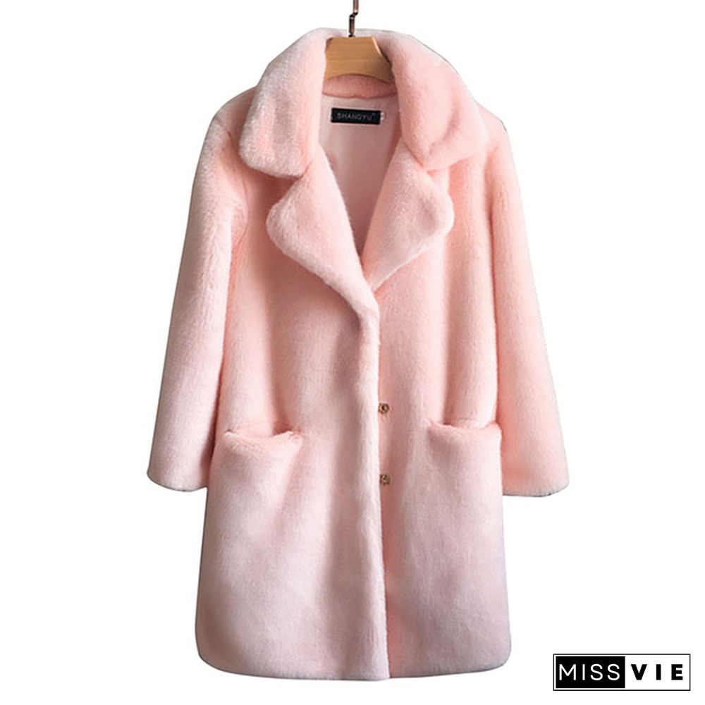 Women Mink Faux Fur Coat Solid Female Turn Down Collar Winter Warm Fur Lady Overcoat Casual Jacket