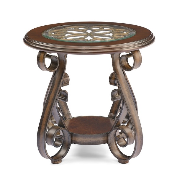 Oaks Aura Dark Brown French Country Coffee Table with Glass Table Top and Powder Coat Finish Metal Legs