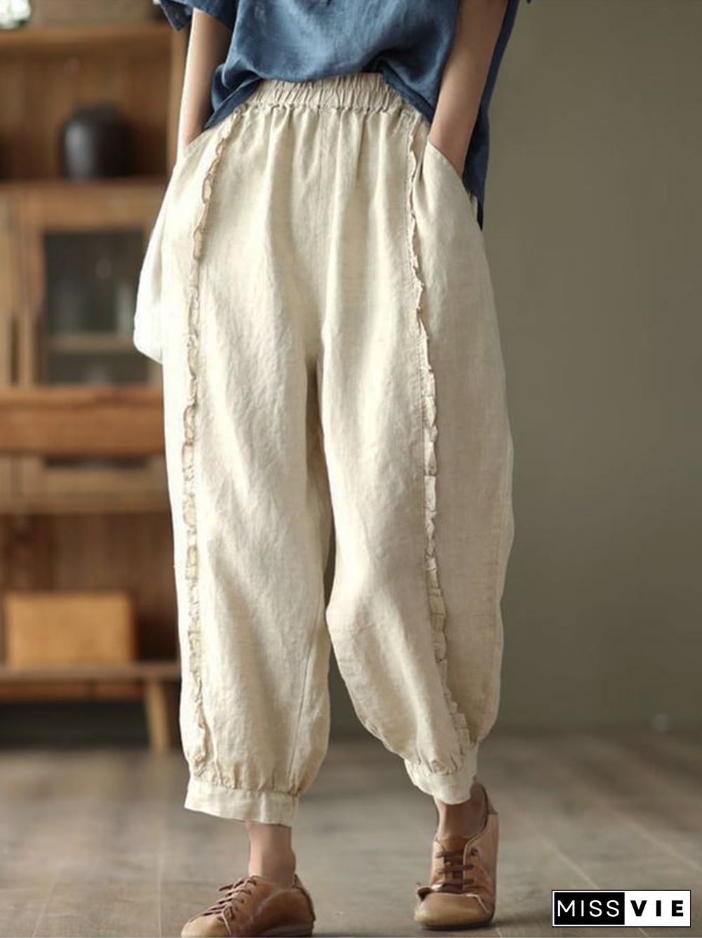 Cotton Linen Retro Wood Ear Stitching Casual Pants