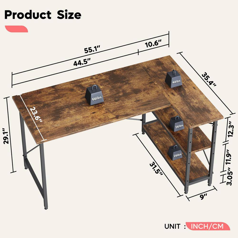 Bestier 55 in. L-Shaped Rustic Brown Desk with Adjustable Shelves D244X-RST