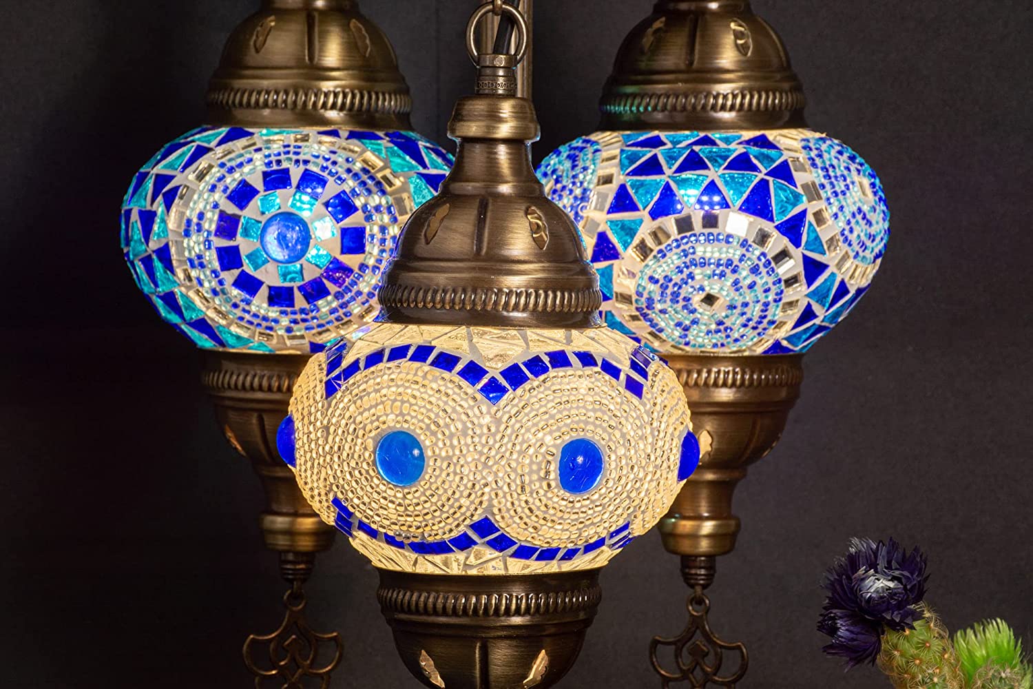 SHADY 3 Light Moroccan Mosaic Table Lamp  Stained Glass Boho Style Turkish Desk Lamp  Farmhouse Antique Living Room  Office Decorative Vintage Lighting with US Plug &amp; E12 Socket (Blue