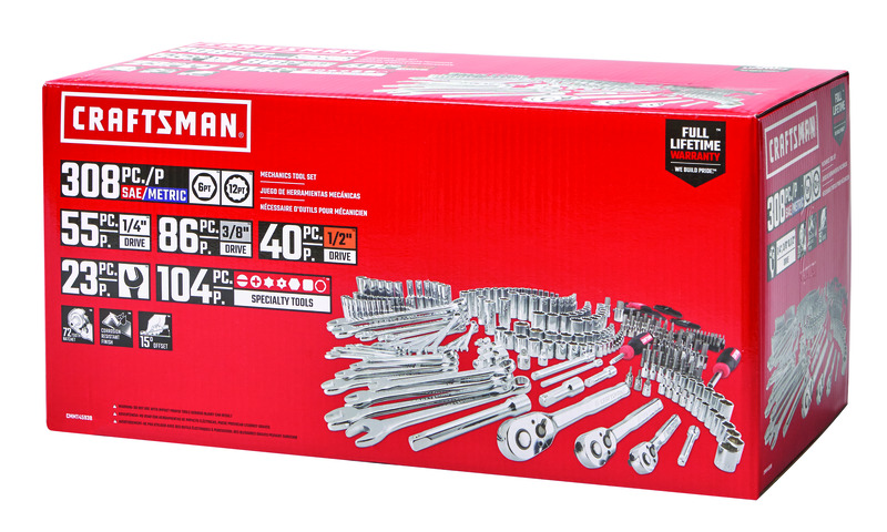 Craftsman 1/4， 3/8 and 1/2 in. drive Metric and SAE 6 and 12 Point Mechanic\u0027s Tool Set 308 pc