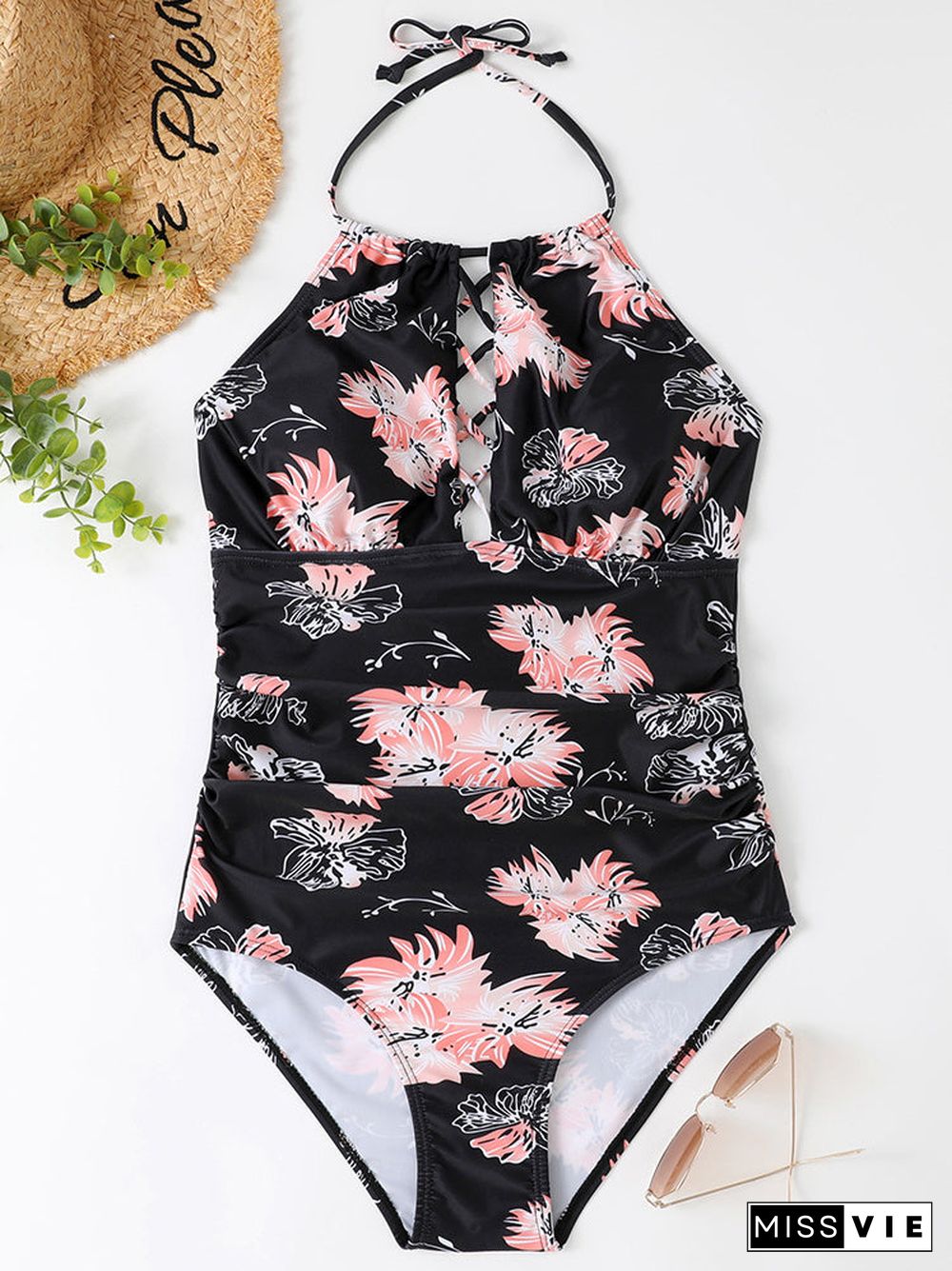 Cross Strap Lace-up Stitching One Piece Swimwear