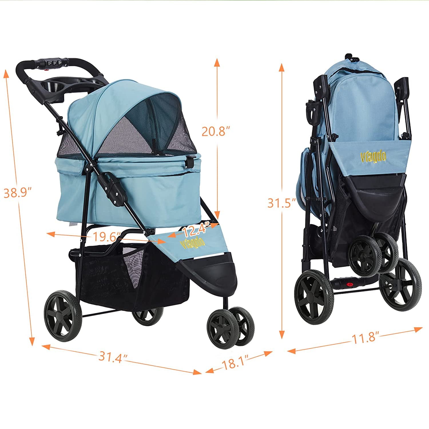 Pet Strollers for Small Medium Dogs and Cats， Folding Dog Stroller Traveling Strolling Cart with 3-Wheel and Removable Liner and Storage Basket， Light Blue