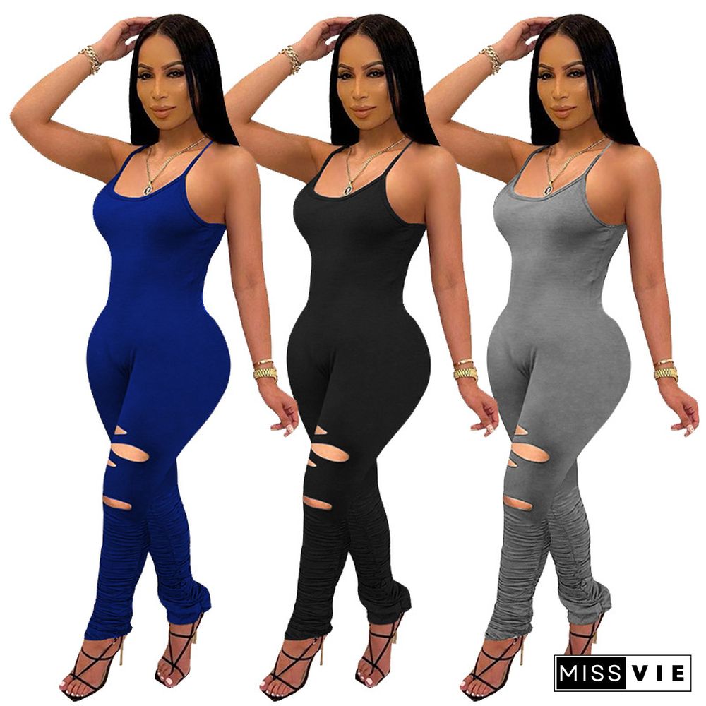 Summer New Solid Color Women Spaghetti Strap Bodycon Spring High Street Hole Skinny Jumpsuit