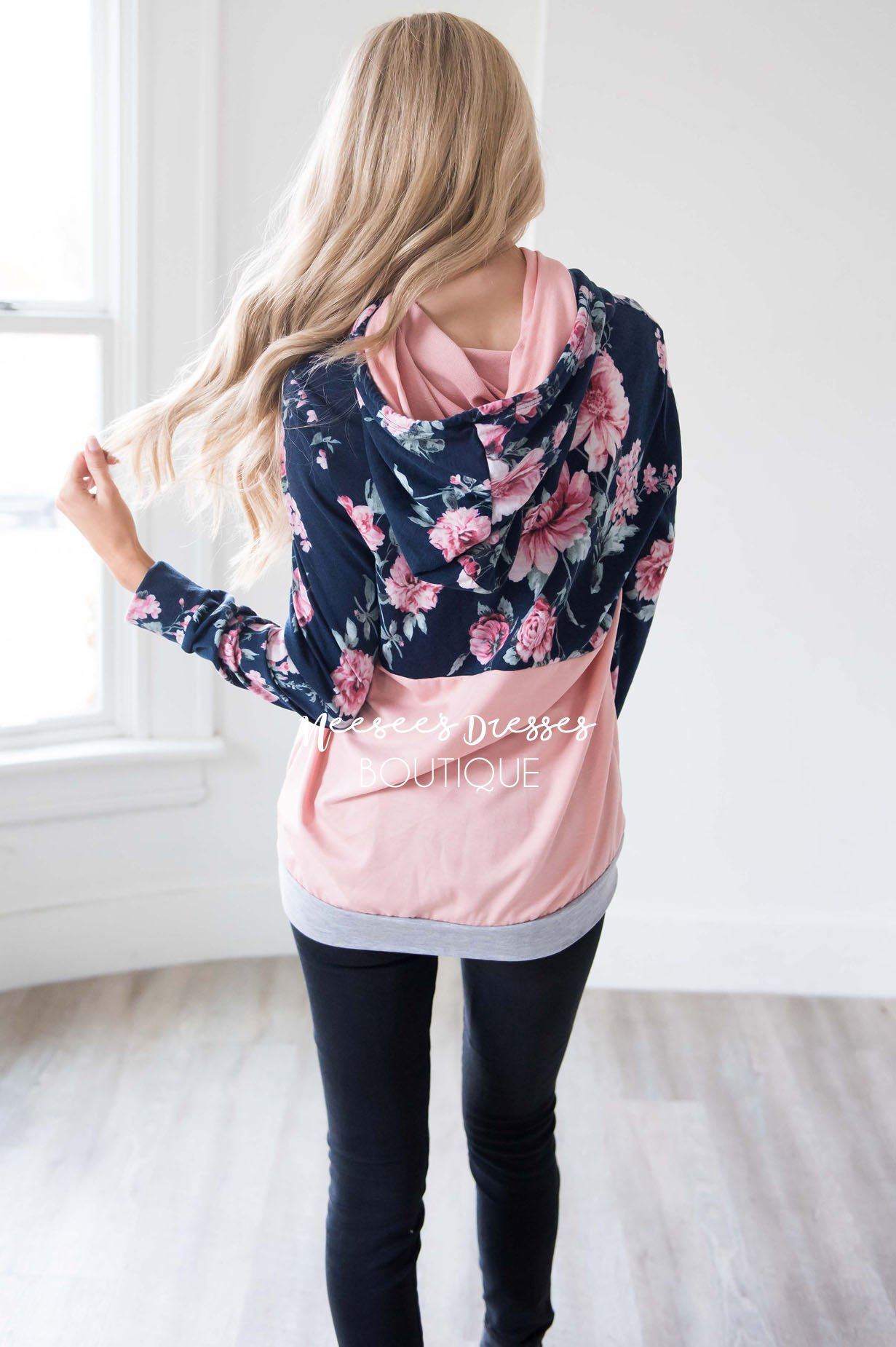 Navy Floral & Pink Colorblock Hoodie