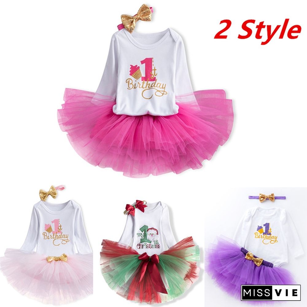 2 Style Baby Girls First Birthday Christmas Outfits 3Pcs = Long Sleeve Cotton Romper + Tutu Dress + Bowknot Headband Infant Kids Clothing