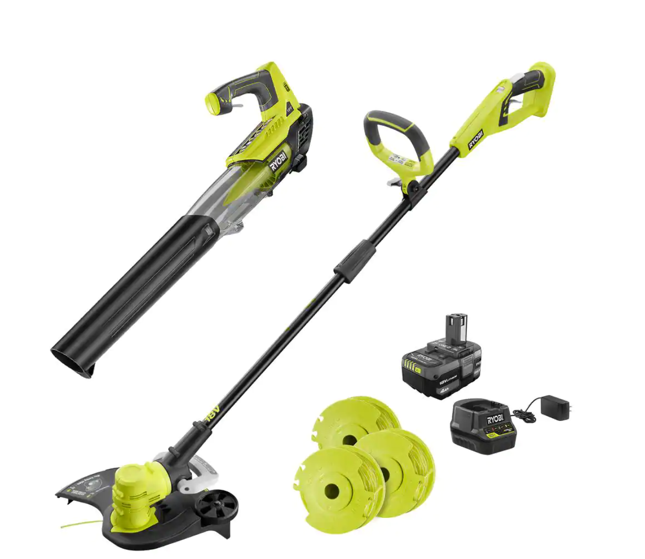 RYOBI P2035-AC ONE+ 18V Cordless String Trimmer/Edger and Blower with Extra 3-Pack of Spools， 4.0 Ah Battery and Charger