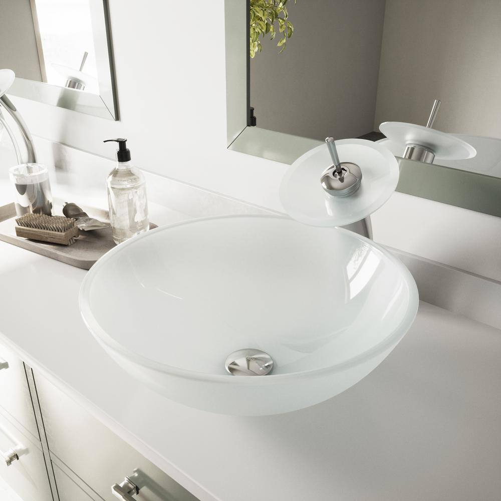 VIGO Giovanni Frosted White Glass 17 in. L x 17 in. W x 6 in. H Round Vessel Bathroom Sink VG07043