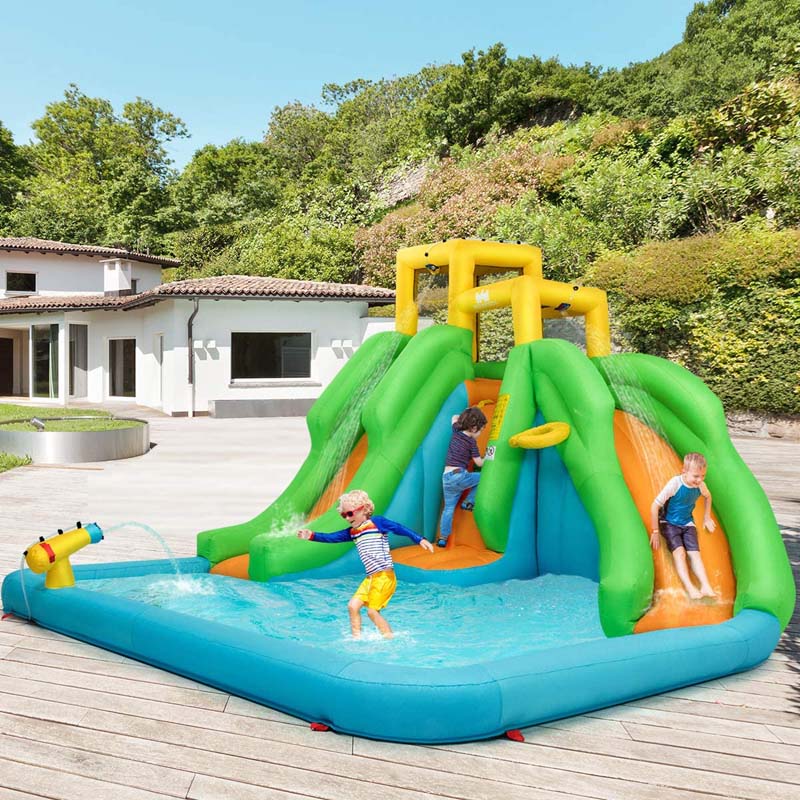 6-in-1 Kids Inflatable Bounce House Dual Slides Water Park with Climbing Wall, Splash Pool, Water Cannon, Air Blower