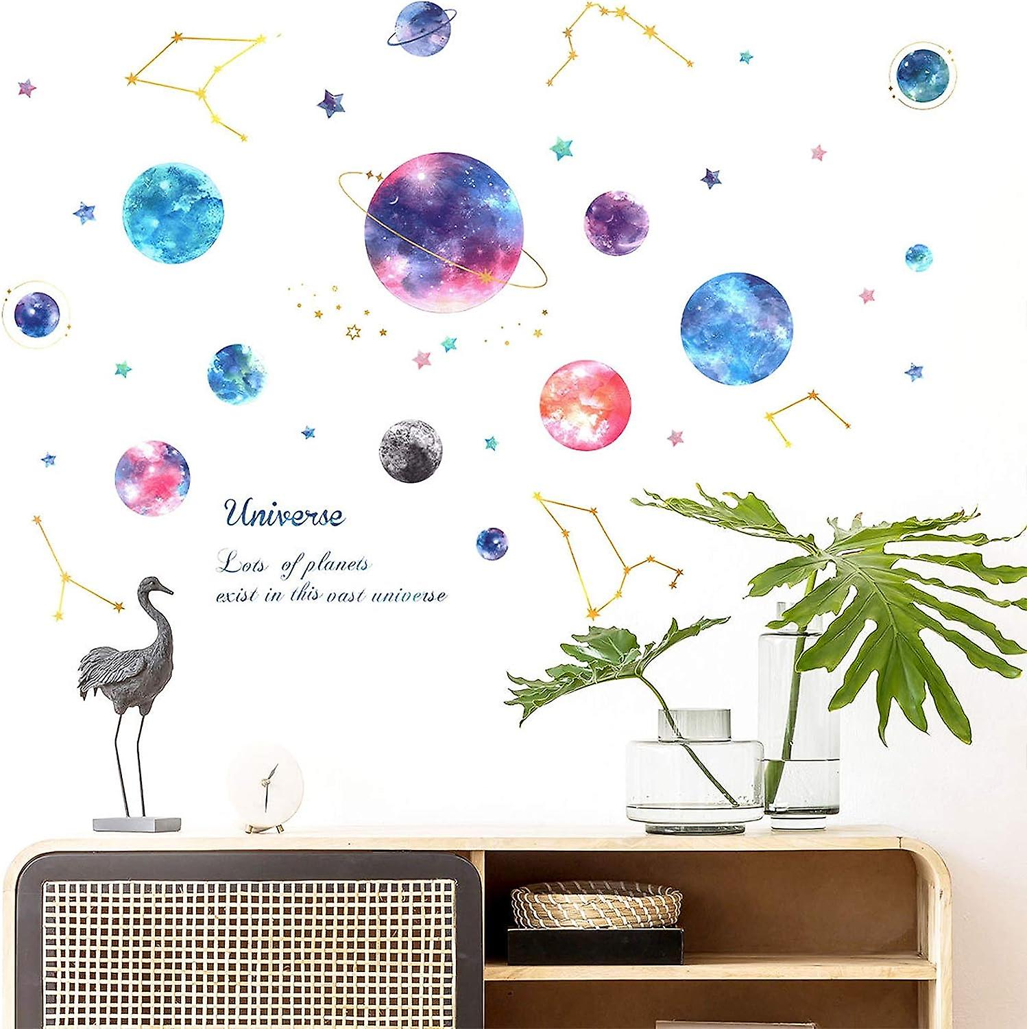 Planets In The Space Kids Wall Stickers Watercolor Space Planet Star Constellation Wall Decals， Peel And Stick Removable Diy Solar System Stickers Nur