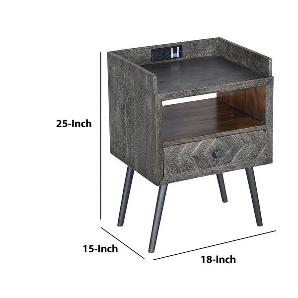 25 Inch Wood End Side Table with USB， Distressed Gray