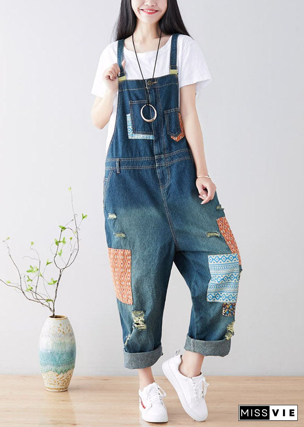 Art Blue pockets Patchwork ripped denim Jumpsuit Spring