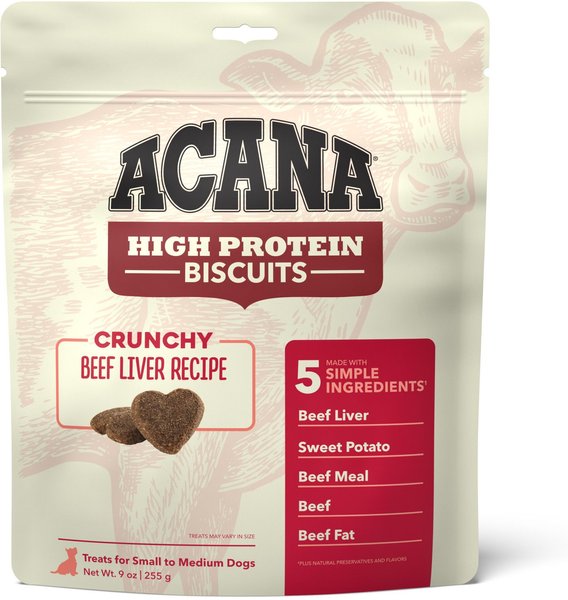 ACANA High-Protein Biscuits Grain-Free Beef Liver Recipe Small/Med Breed Dog Treats， 9-oz bag