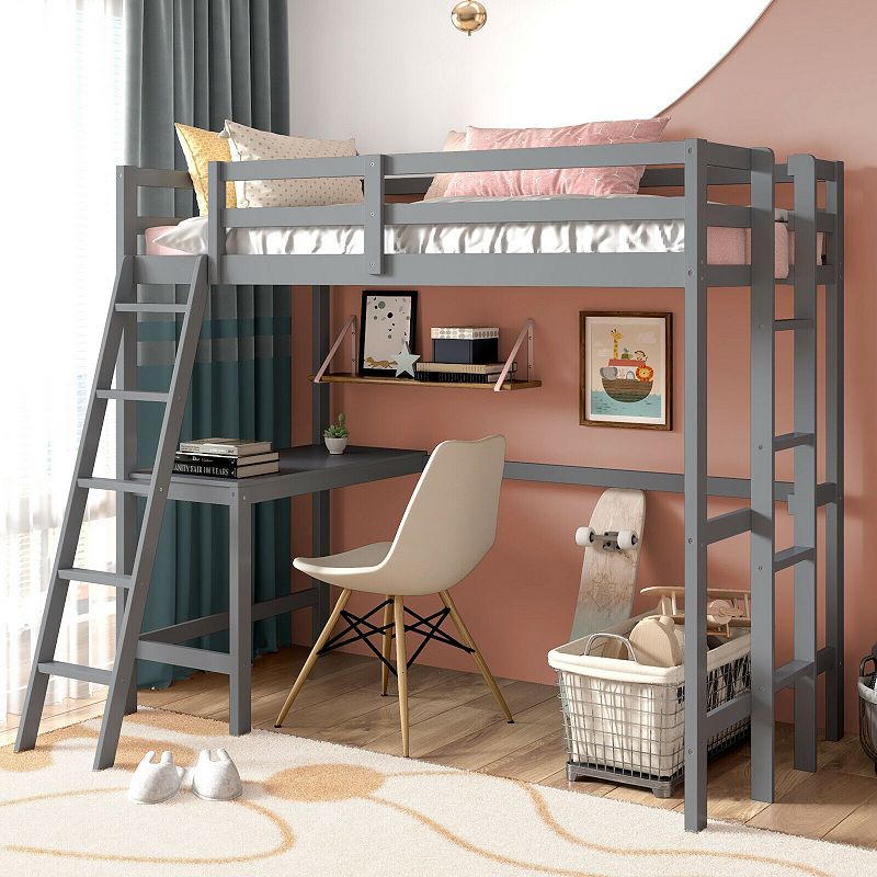 Twin Size Loft Bed Frame with Desk Angled and Built-in Ladder