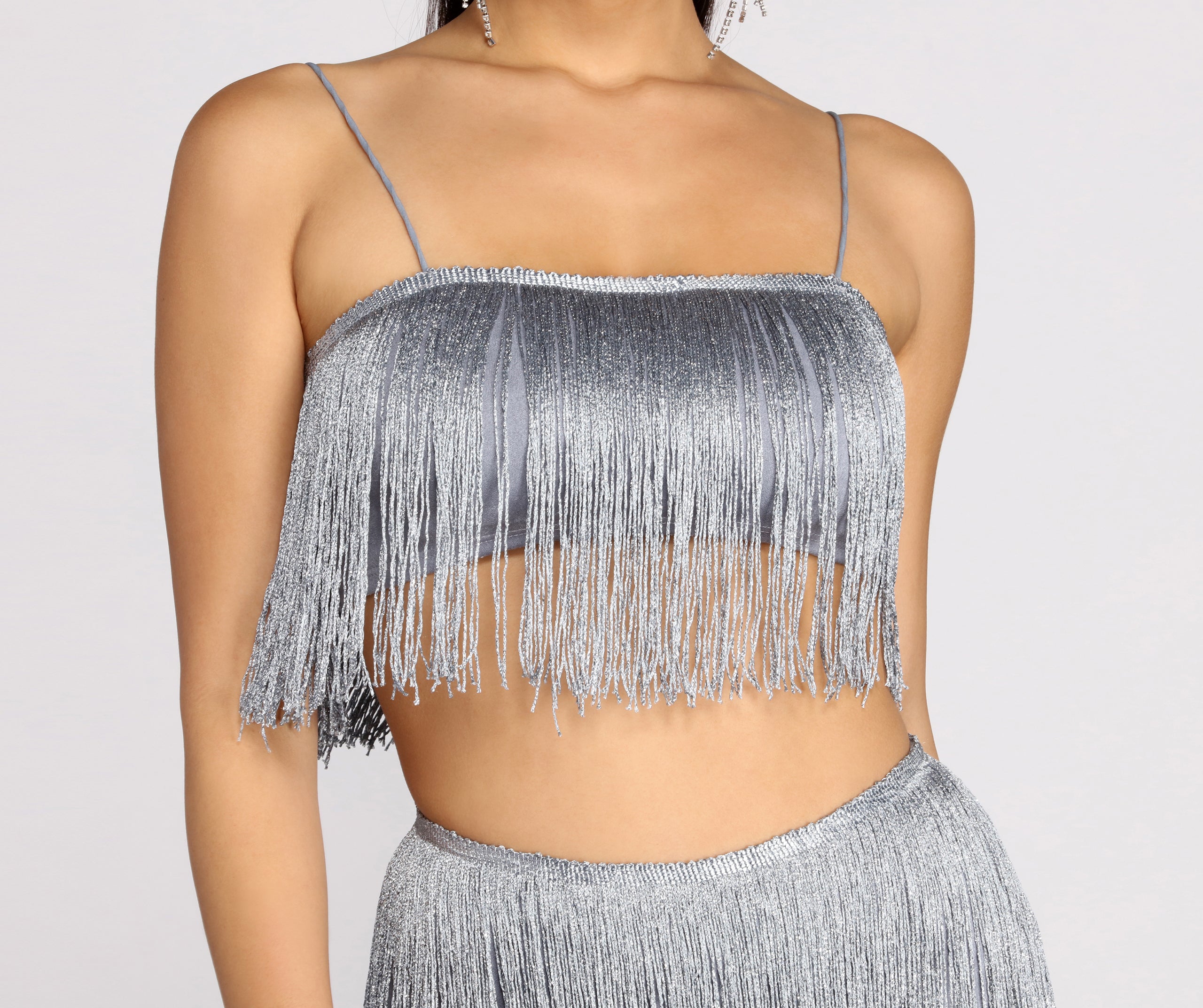 Don't Stop Now Metallic Fringe Crop Top