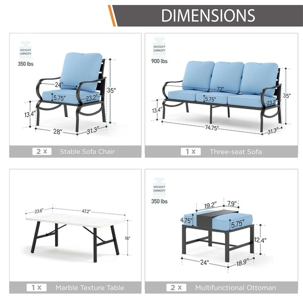 MAISON ARTS 6Piece Patio Conversation Set，Sofa Set with 2/4 x Single Sofa Chairs，1 x 3seater Sofa and Coffee Table/Ottomans