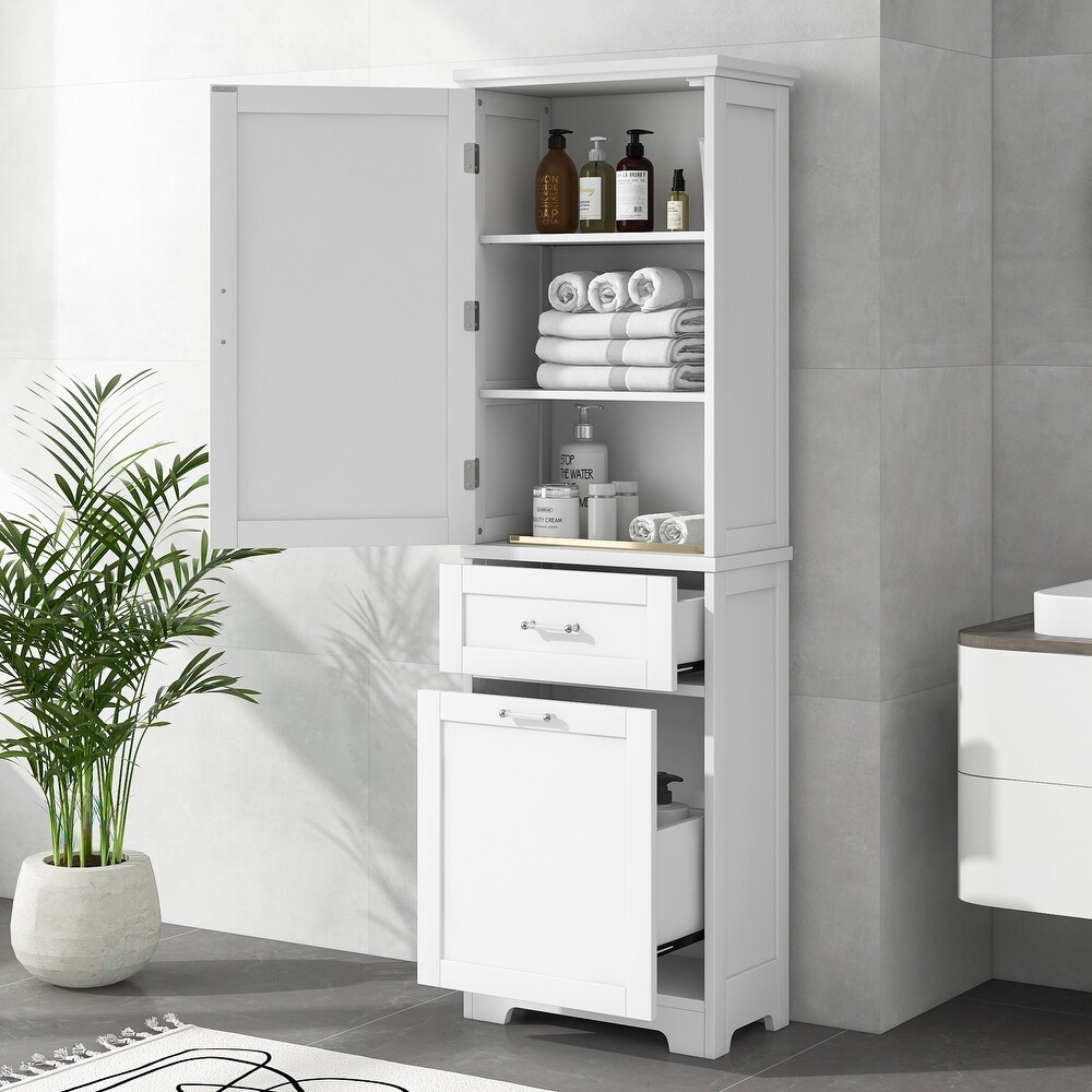 Tall Bathroom Storage Cabinet  Bathroom Freestanding Tower Cabinet with Adjustable Shelf   2 Different Size Drawers  MDF Board