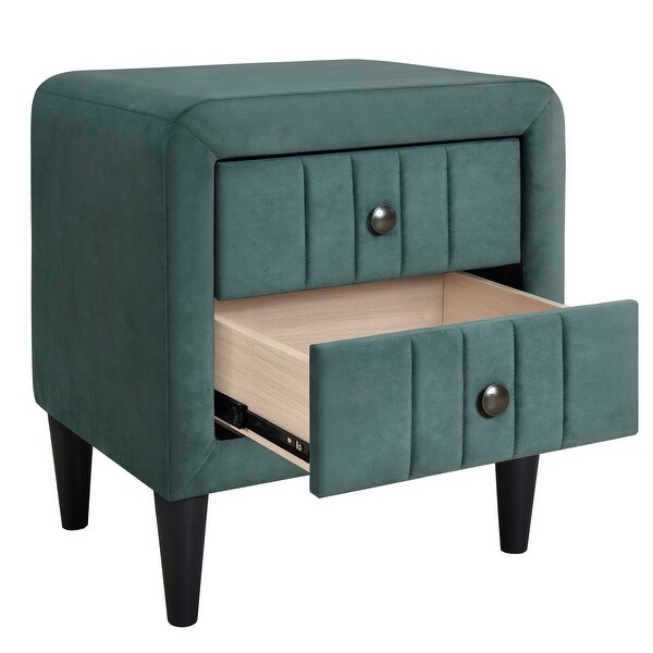 Modern Upholstered Wooden Nightstand with 2 Drawers， Velvet Bedside End Table with Knobs， Green - - 37970234