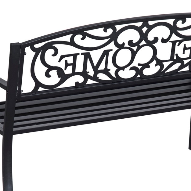 Outdoor Metal Welcome Bench Powder Coated Cast Iron Sign amp Steel Frame 2 Person Bench With Antique Vine Motifs amp Slatted Seat Black