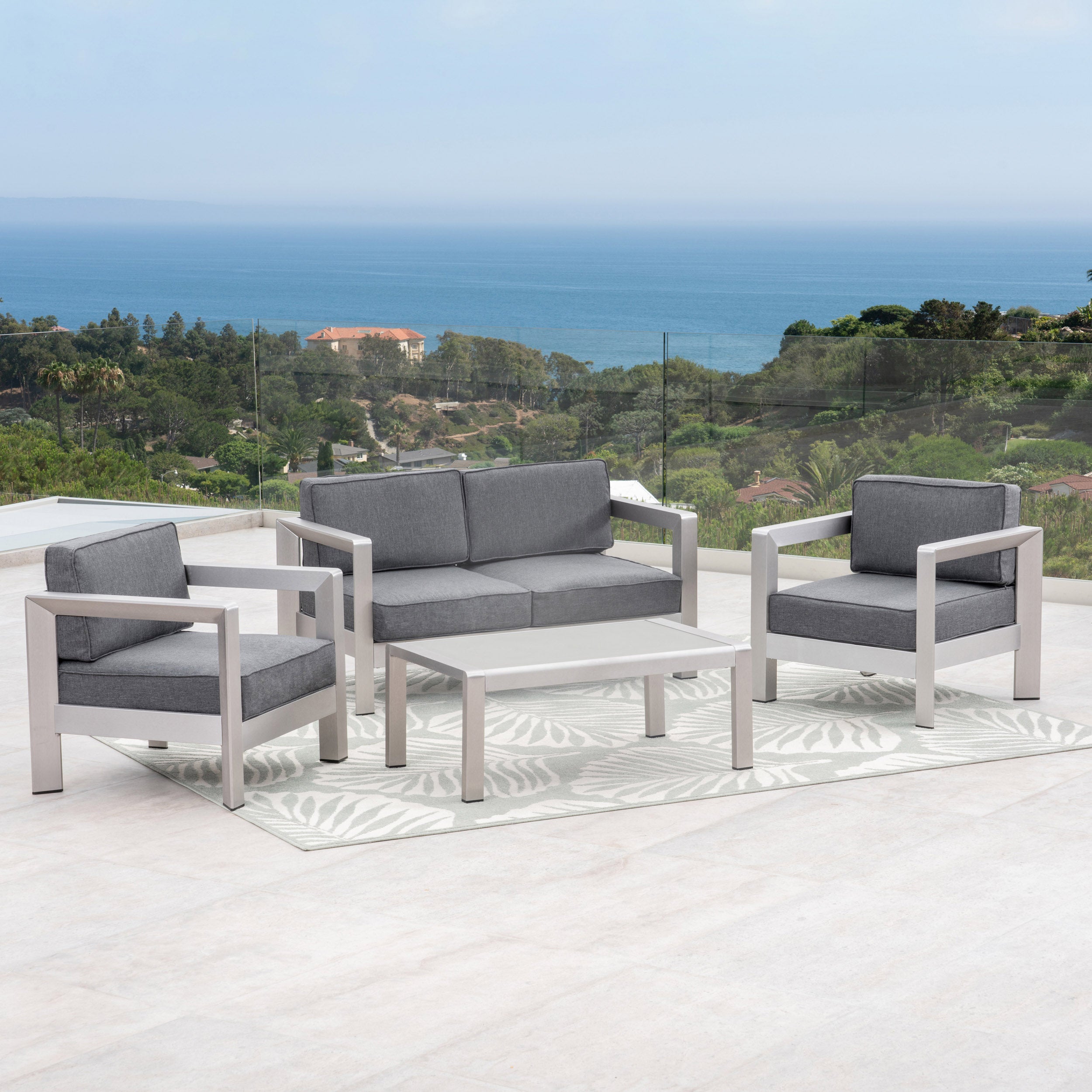 Kenia Outdoor 4-Seater Aluminum Chat Set with Tempered Glass-Topped Coffee Table, Silver and Gray