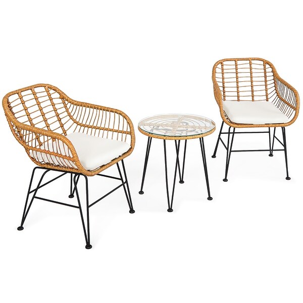 Costway 3PCS Patio Rattan Bistro Furniture Set Cushioned Chair Table