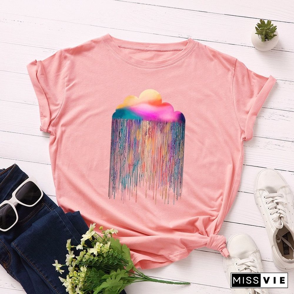 JCGO Summer Cotton Women T Shirt S-5XL Versatile Colorful Cloud Print Short Sleeve Tees Tops Casual Simple O-Neck Female TShirts