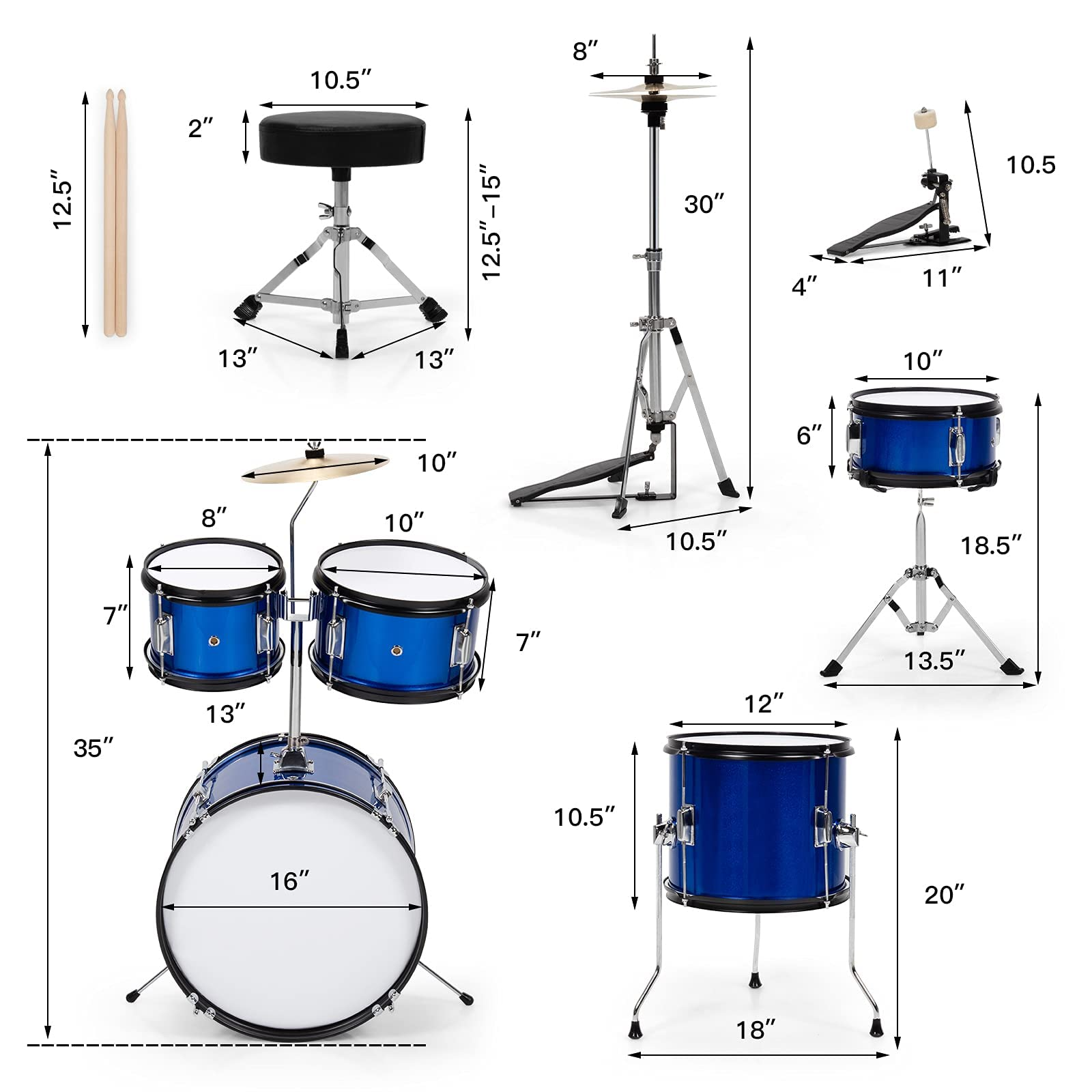 Costzon 16'' Kids Drum Set, 5-Piece Full Size Complete Junior Drum Set with Adjustable Throne