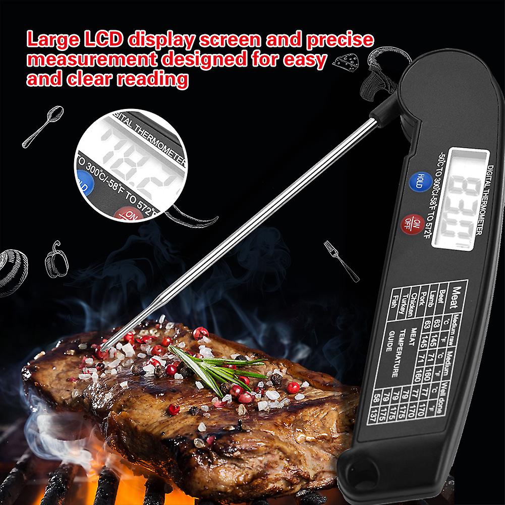 Lcd Digital Food Thermometer With Foldable Probe Kitchen Cooking Bbq Grill Temp Tester Black