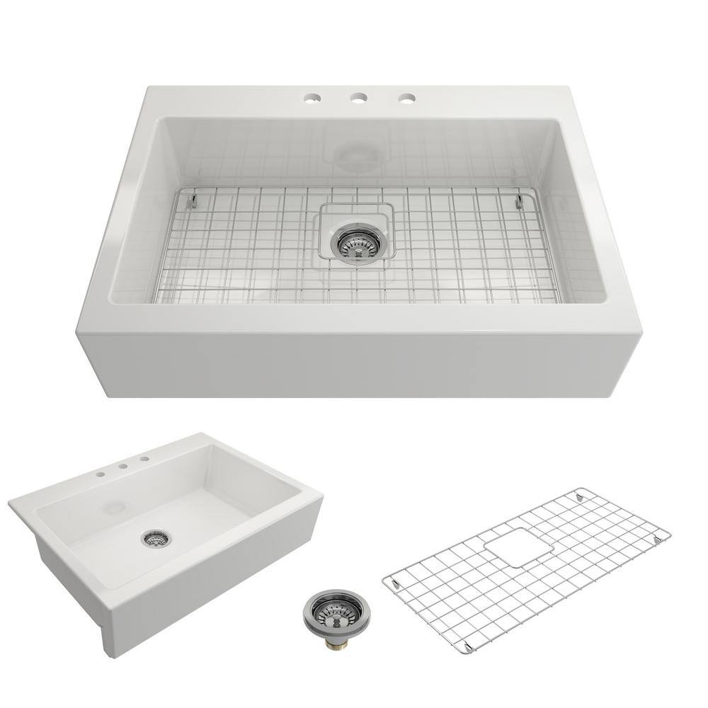 BOCCHI Nuova White Fireclay 34 in. Single Bowl Drop-In Apron Front Kitchen Sink with Protective Grid and Strainer 1500-001-0127