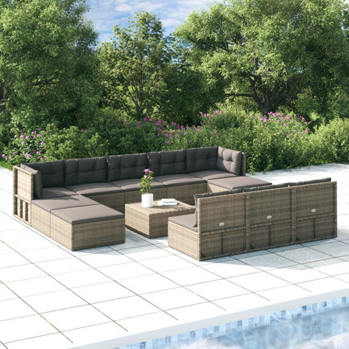 vidaXL Patio Furniture Set 11 Piece Lounge Set with Cushions Gray Poly Rattan   Tropical   Outdoor Sofas   by vidaXL LLC  Houzz