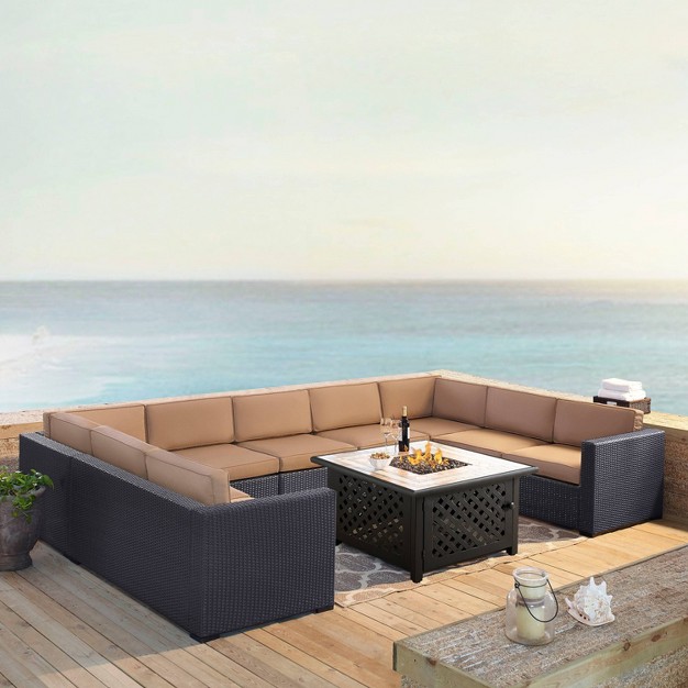 Biscayne 6pc Outdoor Wicker Sectional Set With Fire Table Mocha Crosley