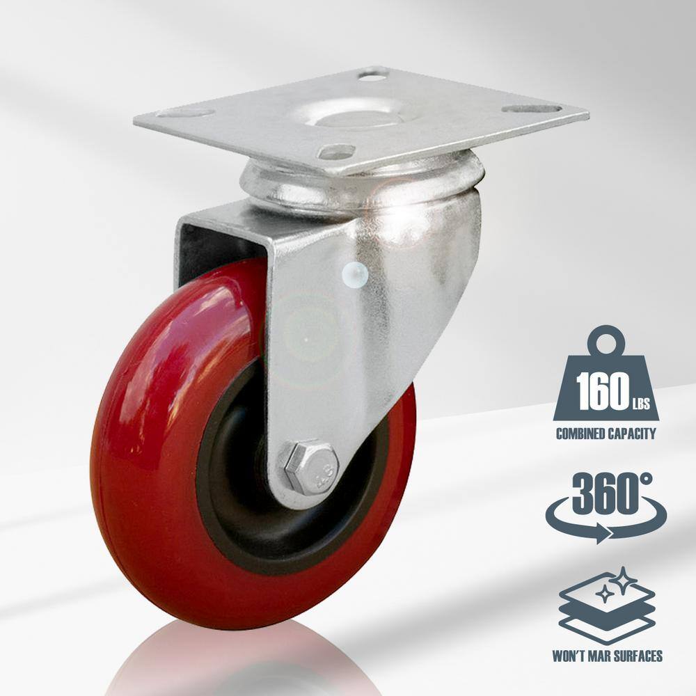 POWERTEC 3 in. Dia Swivel Polyurethane Plate Caster in Red (4-Pack) 17206