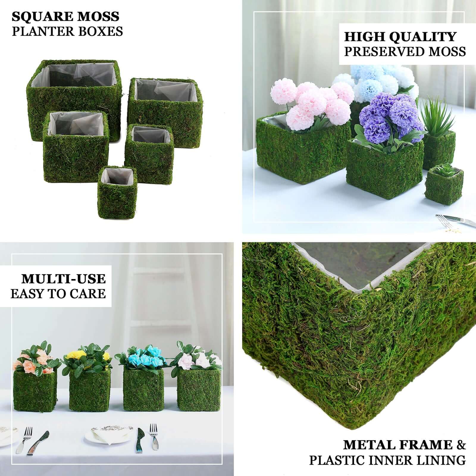 4 Pack Green Preserved Moss Covered Square Planter Boxes, Flower Baskets with Inner Lining 6