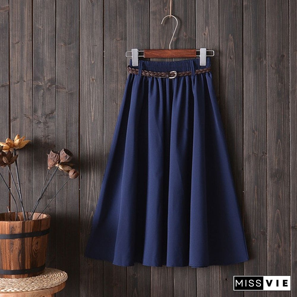 Midi Knee Length Summer Skirt Women With Belt Ladies High Waist Pleated A-Line School Skirt Female