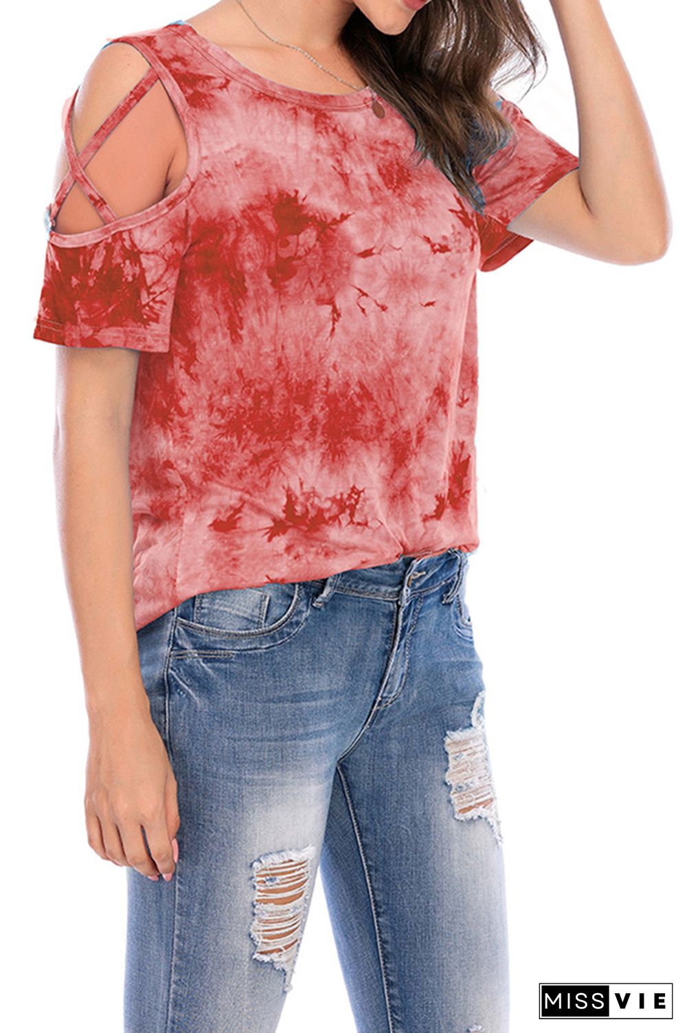 Criss-Cross Short Sleeve Crew Neck Tie Dye T-Shirt Wholesale