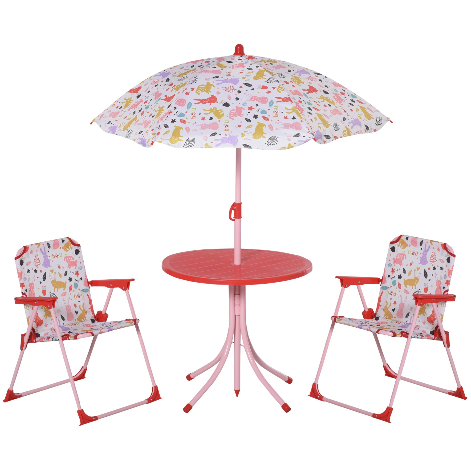 Outsunny Kids Folding Picnic Table and Chair Set with Removable and Height Adjustable Umbrella， Red