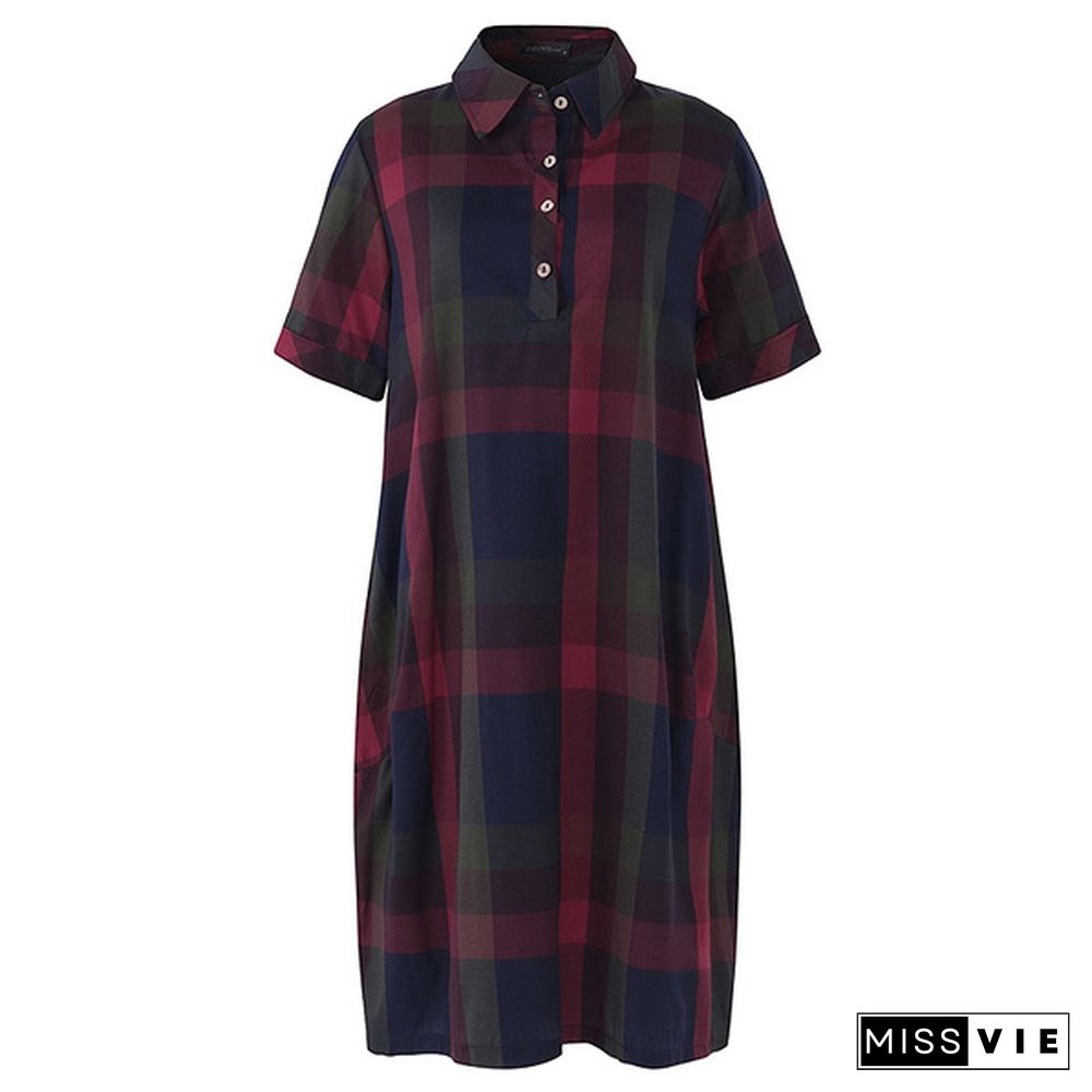 Women Vintage Loose Lapel Short Sleeve Check Plaid Loose Tunic Midi Dress Plus Holiday